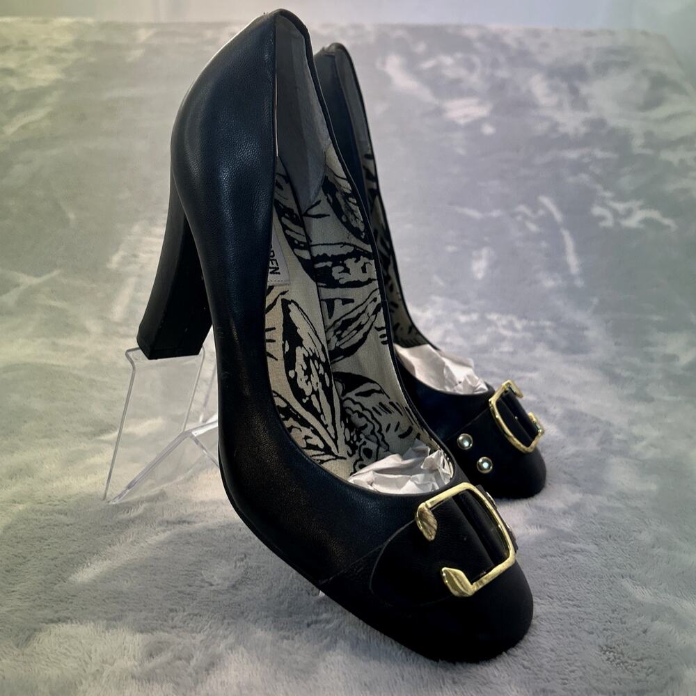 Steve Madden Black Leather Pumps Womens 9.5 Buckle Detail 3.9” Heels OfficeStyle